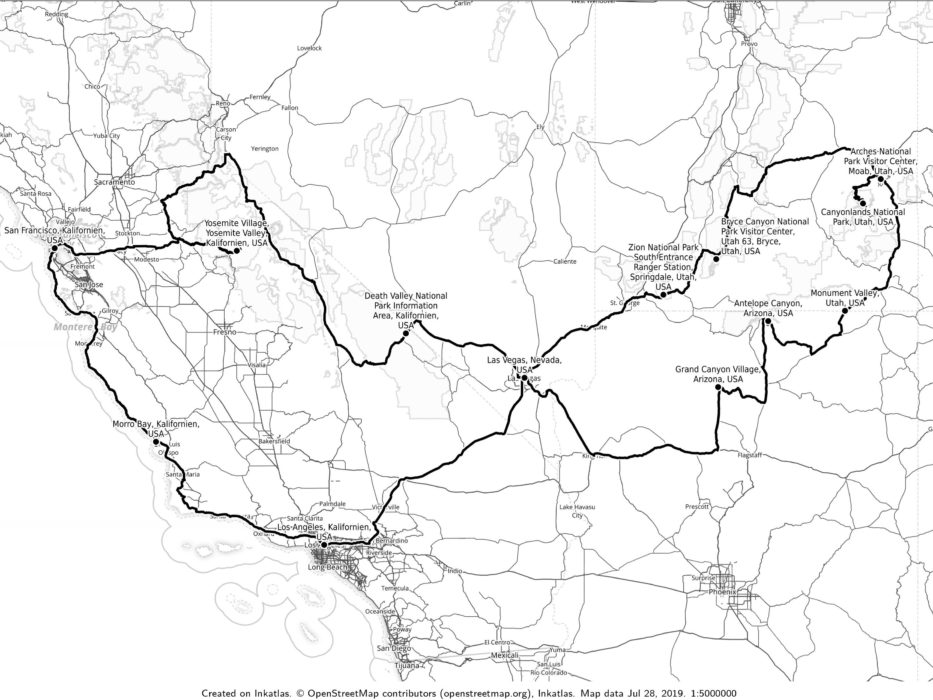 Karte für Route durch USA Westen