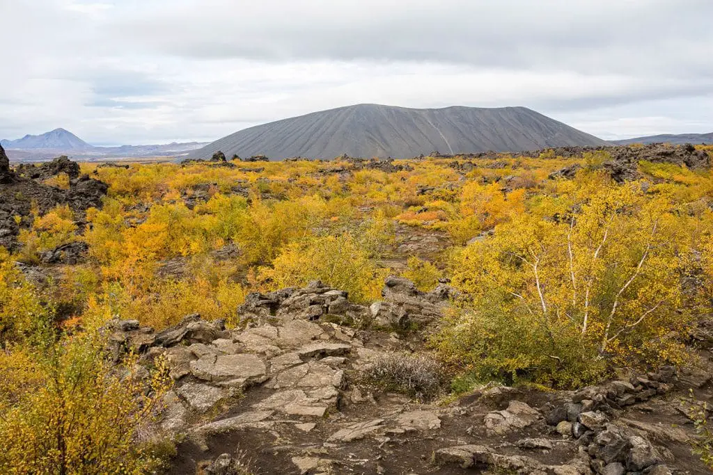 Dimmuborgir Landschaft im Herbst mit Sicht auf Vulkan