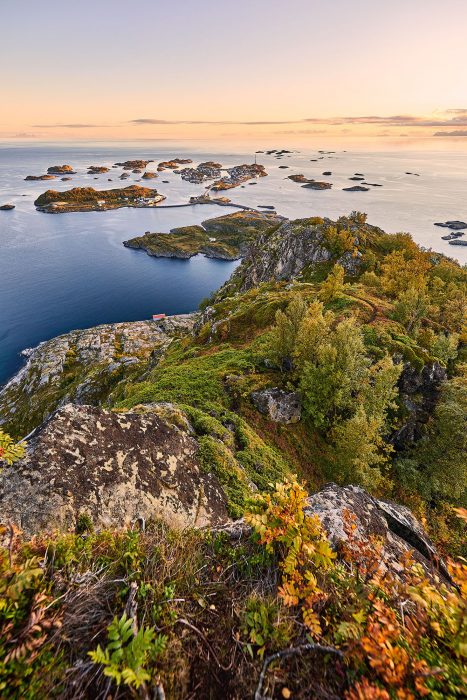 Henningsvaer Aussicht von Festvagtinden bei Sonnenuntergang